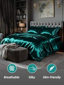 3 Pices Satin Fitted Sheet Set (1 * Fitted Sheet+2 * Pillowcase) – Smooth, Breathable, And Wrinkle-Resistant, Machine Washable For Easy Care, Comfort Bedding Suitable For  Kids,Adults, Hotels, Apartments, & Home Use - 綠色 - 查看 1