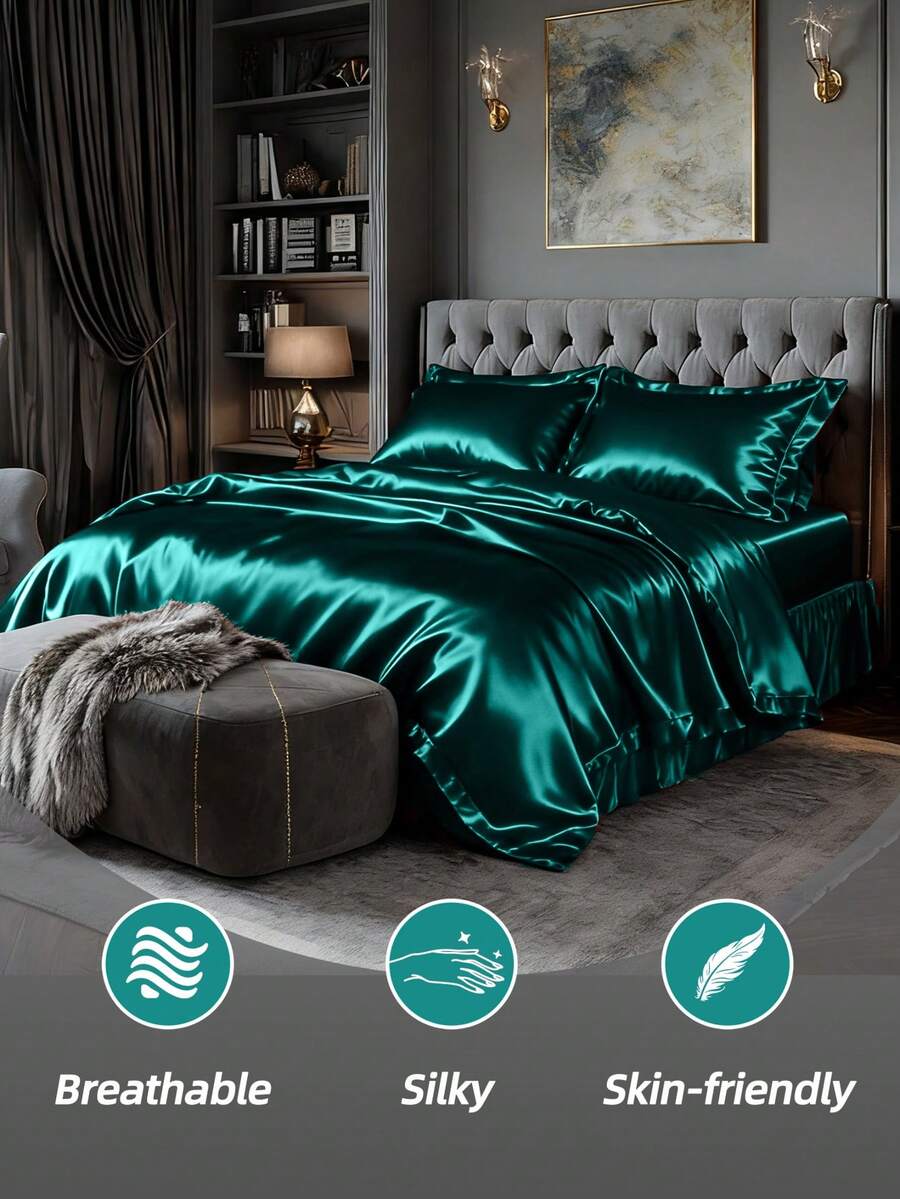 3 Pices Satin Fitted Sheet Set (1 * Fitted Sheet+2 * Pillowcase) – Smooth, Breathable, And Wrinkle-Resistant, Machine Washable For Easy Care, Comfort Bedding Suitable For  Kids,Adults, Hotels, Apartments, & Home Use - 綠色 - 查看 1