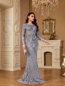 hezixi Women's Round Neck Long Sleeve Mermaid Hem Sparkly Sequin Dress, Comfortable To Wear, Suitable For Different Figures, Can Be Worn As Party Dress, Wedding Guest Dress, Formal Dress, Evening Gown, Etc. - Màu xám đen - Xem 9