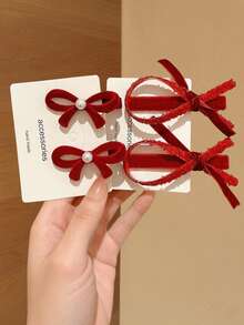 1/2/10个装新年红色仿珍珠植绒蝴蝶结侧夹，适合日常聚会、侧刘海、可爱公主发夹、时尚配饰、四季皆宜、送女友礼物、狂欢节季