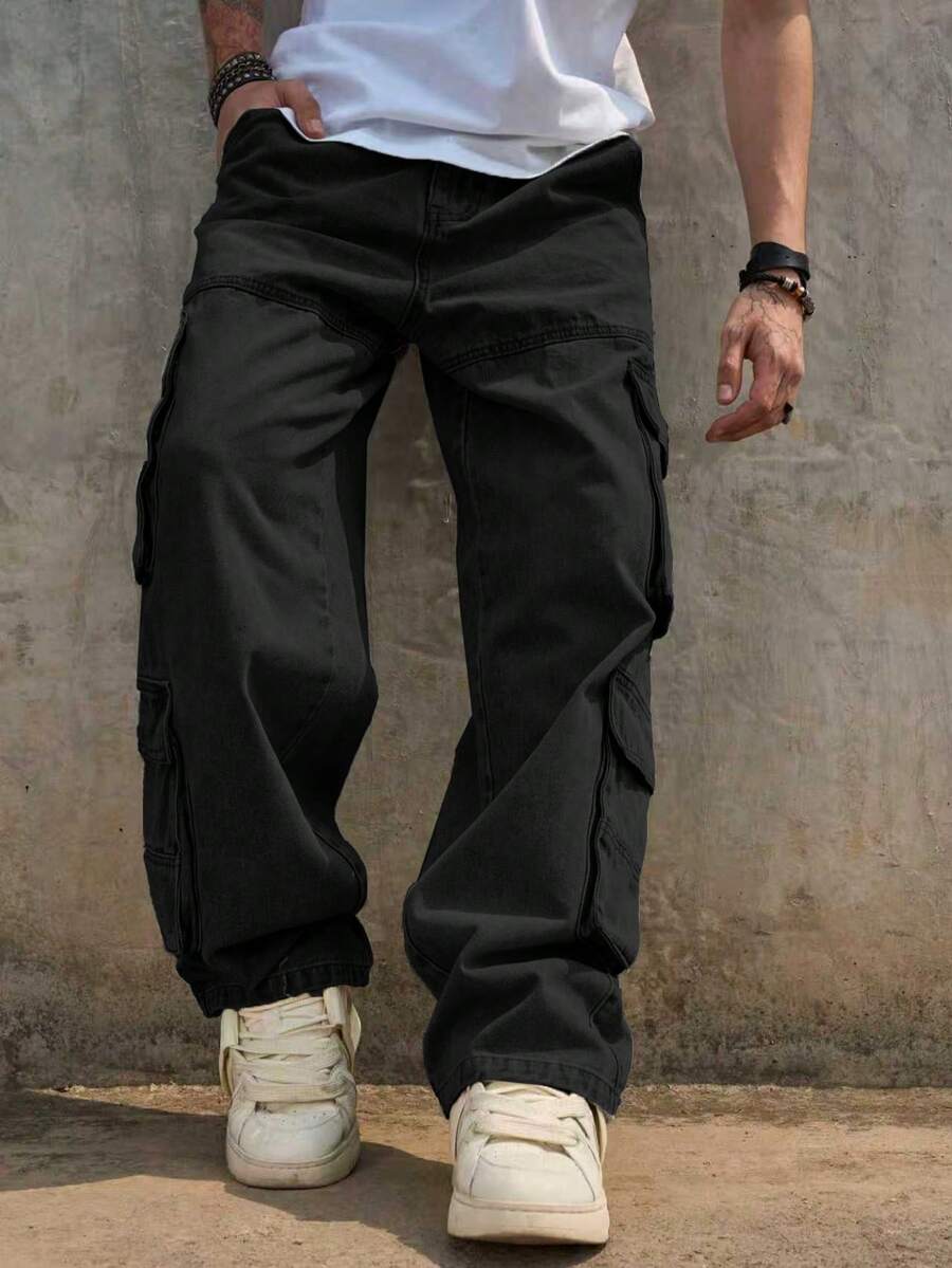 Quần jeans ống đứng nhiều túi cổ điển cho nam, quần âu thường ngày, phong cách đường phố sang trọng - màu đen - Xem 1