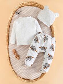 3pcs Newborn Baby Boy Casual Outfit Set - Cute Koala Print Button-Up Top, Simple Pants With Socks, And Hat