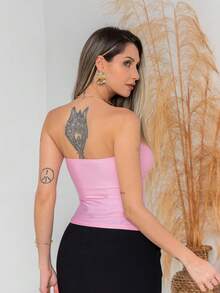 Butterfly Cropped Blouse With Ruffled Neck Tie - Pink - View 2