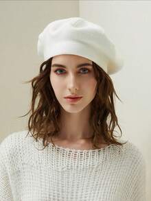 1pc Women's High-Quality Elastic Knitted Striped & Solid Beret Hat, Warm Cold Weather Outfit Women - White - View 1
