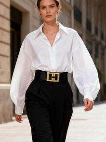 1pc 2025 Winter New Women's Elastic Waist, Casual Fashion Korean Style Decorative Button Belted Dress - Multicolor a - View 3