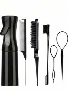 4pcs Spray Bottle And Hairbrush Set, 1 Spray Bottle + 1 Pointy Tail Comb + 1 Eyebrow Brush + 1 Fluffy Comb, Hair Brush For Boys And Girls, Comb Brush For Wet And Dry Curls, Parting Brush, Brush For Coarse And Fine Hair Treatment, Makeup, Black Five Set, Christmas Set Back-To-School Season - Pink - View 9