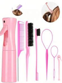 4pcs Spray Bottle And Hairbrush Set, 1 Spray Bottle + 1 Pointy Tail Comb + 1 Eyebrow Brush + 1 Fluffy Comb, Hair Brush For Boys And Girls, Comb Brush For Wet And Dry Curls, Parting Brush, Brush For Coarse And Fine Hair Treatment, Makeup, Black Five Set, Christmas Set Back-To-School Season - Pink - View 10