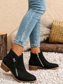 Women's White-Look Faux Zip Ankle Boots - All-Season Pointed Toe Pull-On/Easy-Zip Closure, Low-Maintenance (No Dry Clean) Faux (Microfiber-Like) - Round-Toe-Like Sole & - Casual/Office/Party (Blue) - Phiên bản nâng cấp màu đen - Xem 2