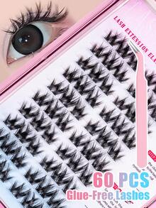 MEM 60/80/90pcs Cluster Curly Self-Adhesive False Eyelashes, Natural Appearance, Pre-Glued Lash Length 11-13mm, DIY Eyelashes Without Glue, Suitable For Daily Korean/Japanese Use, Can Be Used For Makeup, False Lashes, Individual Lashes, Suitable For Travel, Daily Wear (Suitable For Beginners), Wedding, Date, Party, Holiday, Especially Suitable As Christmas/Halloween/Gift False Eyelash Set - 黑色 - 查看 6