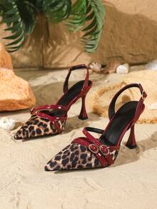 9.5CM Elegant Wine Glass Heel Pointed Toe Wine Red High Heels, Chunky Heel With Rear Strap, Leopard Print Patchwork, Suitable For Daily Wear, Party, Christmas, Valentine's Day, Prom, Outdoor Wear,Stiletto Heels - Burgundy Leopard Print - View 4