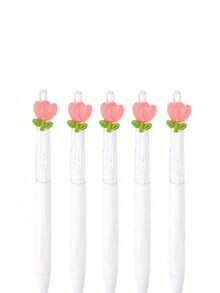 1 支/5 支速干郁金香花圆珠笔、记号笔、黑色墨水按压笔、高品质少女透明笔、卡通按压笔、办公和学校用品、返校必备（颜色随机）