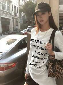 初秋新款圆领字母印花长袖T恤，独特设计女上衣 - 白色 - 查看 4