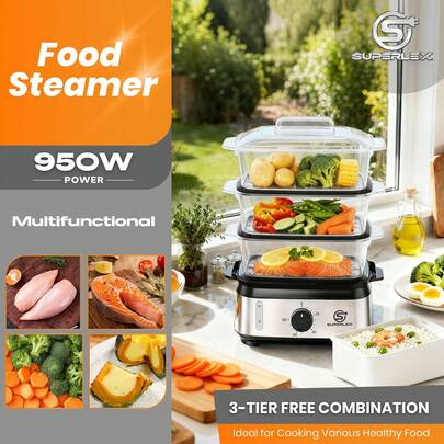 SUPERLEX 3-Compartment Steamer With 9L Capacity, 800W Save-Saving Steamer, Easy To Operate, 60-Minute Timer For Safety Protection, Easy To Clean And Refill