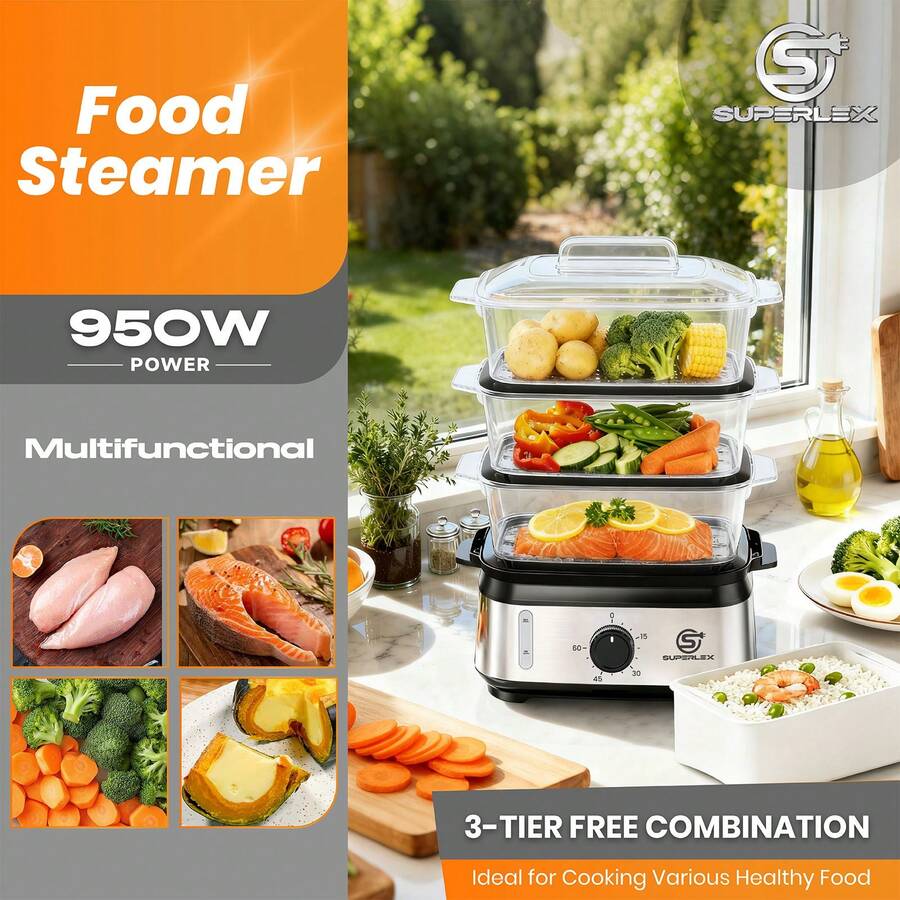 3-Compartment Steamer With 9L Capacity, 800W Save-Saving Steamer, Easy To Operate, 60-Minute Timer For Safety Protection, Easy To Clean And Refill