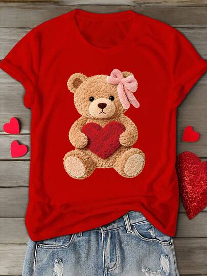 T-shirt a maniche corte con scollo rotondo, stampa di orsacchiotto di San Valentino, motivo a cuori, adatta per l'abbigliamento casual estivo di San Valentino