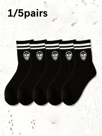 1/5 Pairs Unisex Crew Socks, Skull & Stripe Print Fashion, Suitable For Halloween Party And Daily Wear, Casual Or Gift