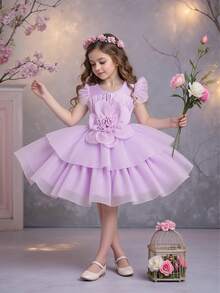 Vestido elegante de tul con purpurina 3D con cuello redondo y flores para niñas, adecuado para fiestas de cumpleaños, bodas y salidas, no incluye diadema - Púrpura malva - Ver 6
