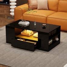 Modern High-Gloss Coffee Table, Living Room Furniture With 2 Drawers And 2 Shelves, Sofa Coffee Table, Side Table (95 X 53 X 37cm) - Black - View 3