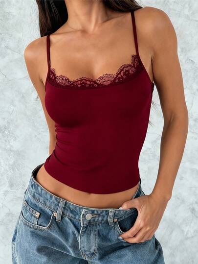 VIVINA Women's Summer Solid Color Lace Trim Splice Round Neck Fitted Camisole Top