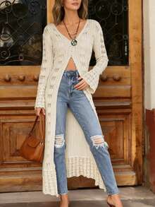 Women's New Style Casual Fashionable V-Neck Button Down Asymmetrical Ruffle Slit Hem Sexy Tight Party Dress, Exquisite And Elegant Trumpet Long Sleeves Movable Placket Crochet Hollow Back To School Long Knit Top, Spring Summer Fall Winter - Beige - View 2