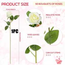 40支仿真玫瑰花束，丝绸假花，逼真长茎玫瑰，适用于婚礼装饰、新娘送礼会中心摆件、插花、派对家居餐桌装饰、生日、周年纪念、节日装饰 - 白色 - 查看 4