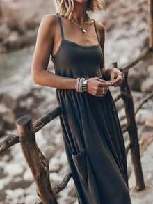 Bộ jumpsuit nữ màu trơn dáng rộng thoải mái kiểu phương Tây, dây mảnh, ống rộng, gợi cảm, phù hợp cho dạo phố hàng ngày, hẹn hò, du lịch, tiệc tùng, kỳ nghỉ hè, đi làm. Màu đen thanh lịch. - màu đen - Xem 3