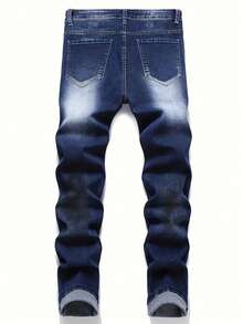 Men's Front Button Pocket Elastic Denim Jeans, Casual Everyday Wear - Blue - View 2