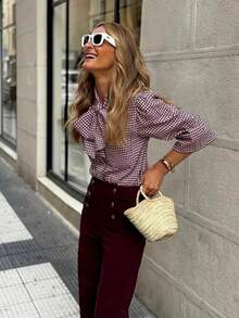 优雅时尚女士春季衬衫，蝴蝶结领长袖上衣，紫色格子泡泡袖 - 紅木色 - 查看 8