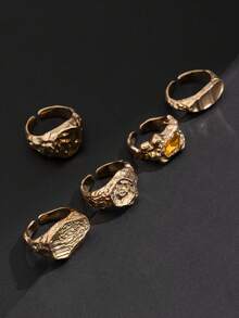 Set de 5 anillos de metal geométricos con cristales, anillos ajustables de estilo punk a la moda - Juego de 5 piezas - Ver 8