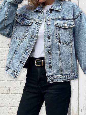 Women Classic Denim Bomber Jacket Long Sleeve Collared Button Front Regular Length Non-Stretch Fabric Casual Chic Outwear