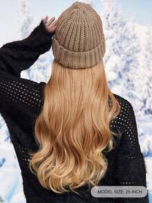 TOPSHE 26英寸金色长波浪合成假发，配保暖柔软针织滑雪帽，可调节假发，耐热纤维，带接发，女士假发，适合圣诞节装扮（含帽子） - 金色 - 查看 5
