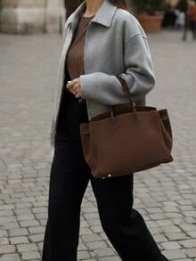 女士时尚简约百搭通勤拉链羊毛大衣上衣 - 灰色 - 查看 4