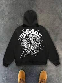 Men's Autumn And Winter Casual Spider Web Letter Print Hoodie Pullover Thick Long-Sleeve Warm Top - màu đen - Xem 1