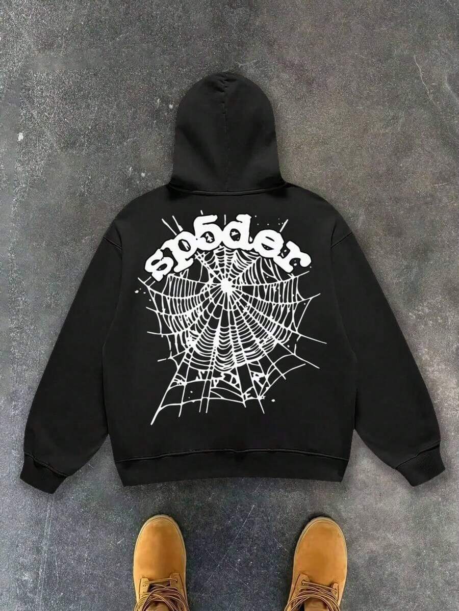 Men's Autumn And Winter Casual Spider Web Letter Print Hoodie Pullover Thick Long-Sleeve Warm Top - màu đen - Xem 1