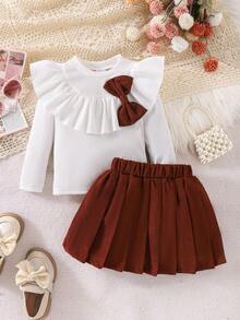 2pcs/Set Girls Ribbed Bow Decor Top And Corduroy Pleated Skirt Suit, Stylish School Look, Spring/Autumn - Brown - View 2