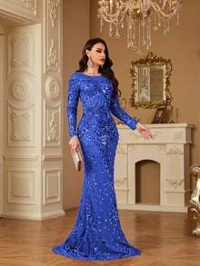 hezixi Đầm sequin co giãn, thoải mái khi mặc, phù hợp với nhiều dáng người, đầm dạ hội dài tay cổ tròn xuyên thấu, thiết kế dáng đuôi cá ôm sát, độc đáo và khác biệt. - Xanh đậm - Xem 10