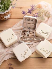 Personalized Handwritten Name Heart-Shaped Jewelry Box - Customized Beige Travel Jewelry Storage Box, Zipper Closure, Fabric Lining, Perfect Bridesmaid Invitation Gift Or Couple's Keepsake, Elegant Design | Soft Lining, Wedding Gift, Jewelry Box