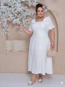 Women's Plus Size Midi Dress With Lined Square Neckline, Short Sleeves, Shoulder Tie, Padded Cups And Elastic Back In Duna Linen - Elegant Fashion Party Dress - 白色 - 查看 5