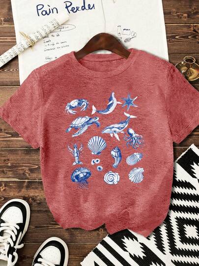 Women's Casual Simple Marine Creature Graphic Print T-Shirt, Versatile, Suitable For Outdoor Activities For Daily Wear, Women's Summer, Women's Going Out Top, Graphic Crew Neck Short Sleeve T-Shirt