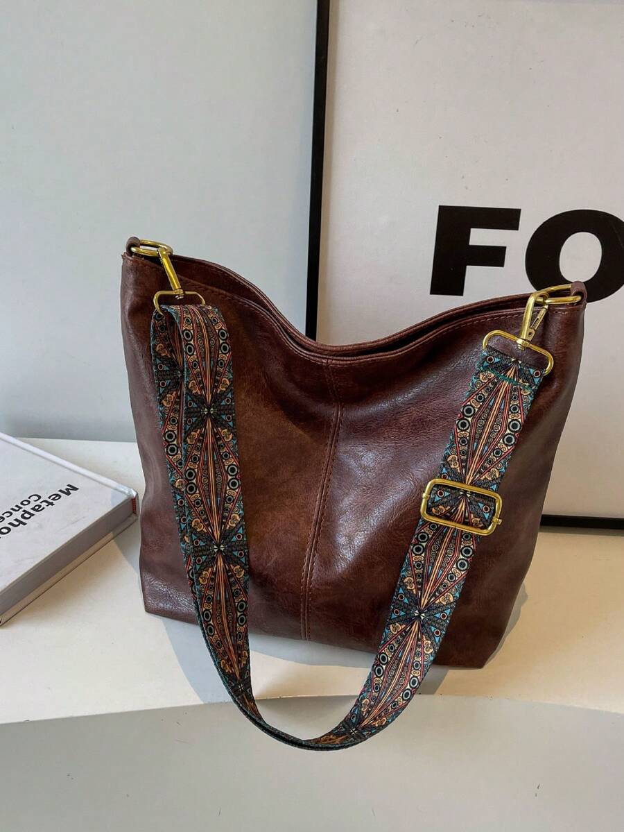 Bohemian Style, Large Capacity Tote Bag, Retro Wide Strap Shoulder/Crossbody Bag, High-Quality Commuter Bucket Bag. - Multicolor - View 1