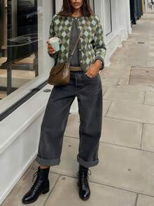 秋冬季女装通勤休闲都市现代格纹纽扣圆领长袖开衫 - 彩色 - 查看 4