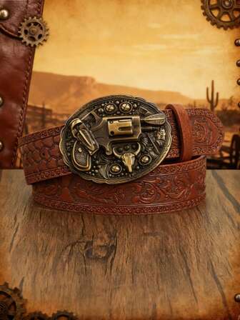 1 pieza Hebilla de pistola de estilo vaquero occidental retro en relieve de cuero de PU, unisex, de moda y versátil, adecuado para varias temporadas - Halloween, verano, otoño escolar, otoño, Halloween - se puede combinar con vaqueros y faldas largas
