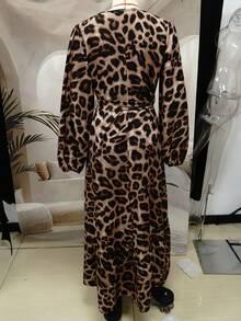 Women's Leopard Print Long Sleeve Midi Dress, Round Neck With Elastic Waist And Belt - Multicolor - View 2