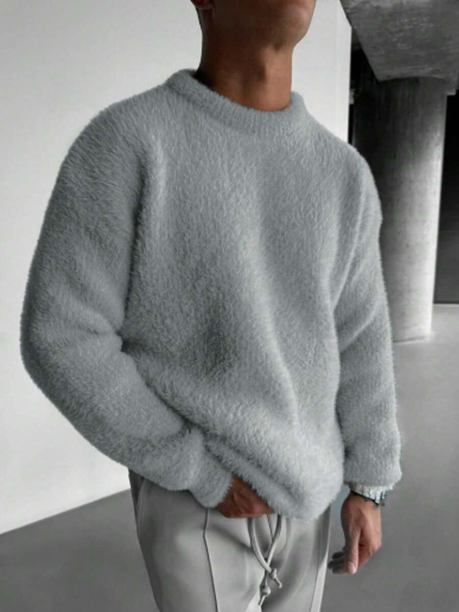 Unisex Fluffy Round Neck Sweater, Korean Style Casual Loose Fit Knitted Pullover Top, Suitable For Autumn, Winter, Back To School