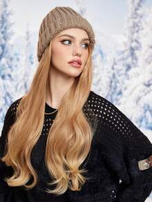 TOPSHE 26英寸金色长波浪合成假发，配保暖柔软针织滑雪帽，可调节假发，耐热纤维，带接发，女士假发，适合圣诞节装扮（含帽子） - 金色 - 查看 4