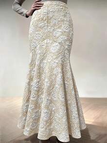 Váy đuôi cá dài họa tiết hoa thanh lịch cho nữ cỡ lớn, phù hợp mọi mùa - Màu be - Xem 5