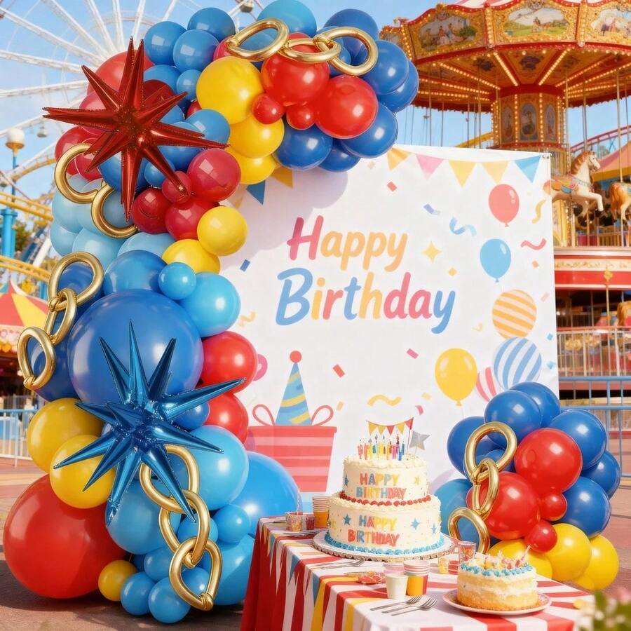 102pcs Colorful Carnival - Red, Blue, Yellow Balloon Garland, Suitable For Children's Birthday Party, Amusement Park Theme Events Decoration