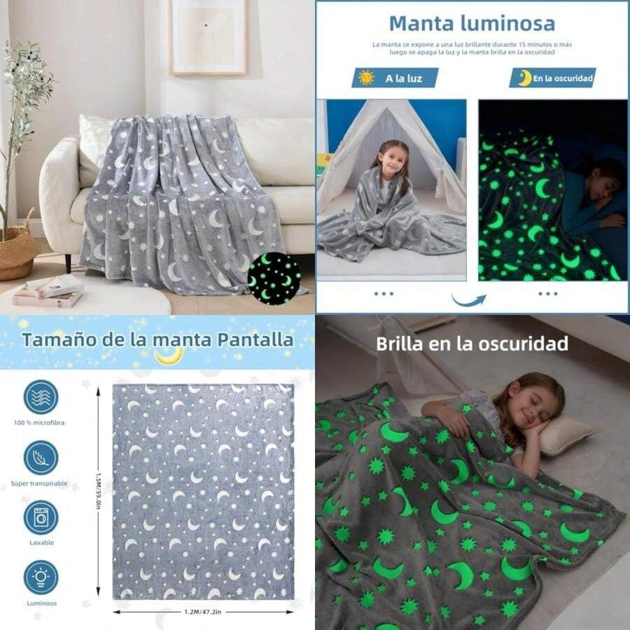 AKASENKO Manta Espacial con Estrellas y Luna 120x150 cm - Forro Polar Que Brilla en la Oscuridad para Cama o Sofá (Galaxia ) - Regalo para Niños y Adolescentes ()(Gris) - Unitalla - Ver 1