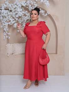 Women's Plus Size Midi Dress With Lined Square Neckline, Short Sleeves, Shoulder Tie, Padded Cups And Elastic Back In Duna Linen - Elegant Fashion Party Dress - 紅色 - 查看 6