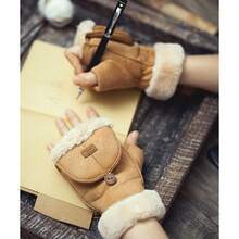 Winter Fingerless Gloves Insulated Warm Convertible Mittens Flip Half Finger Cover Women (Khaki), Khaki - 卡其色 - 查看 6